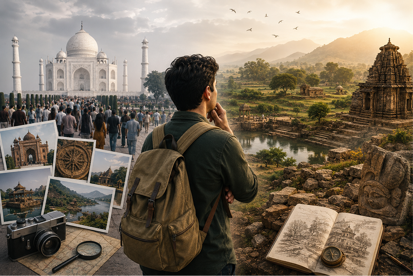 Traveller exploring the cultural and architectural heritage of Bharat with maps, field notes and monuments
